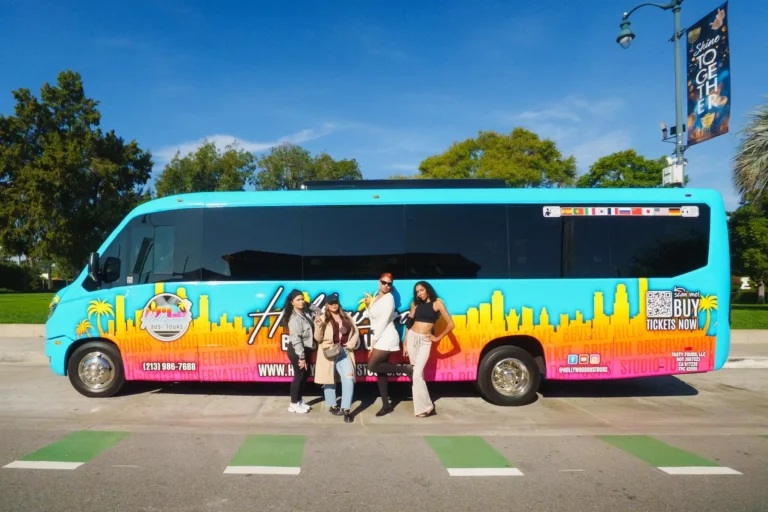 Hollywood Bus Tours sightseeing bus with visitors in Los Angeles