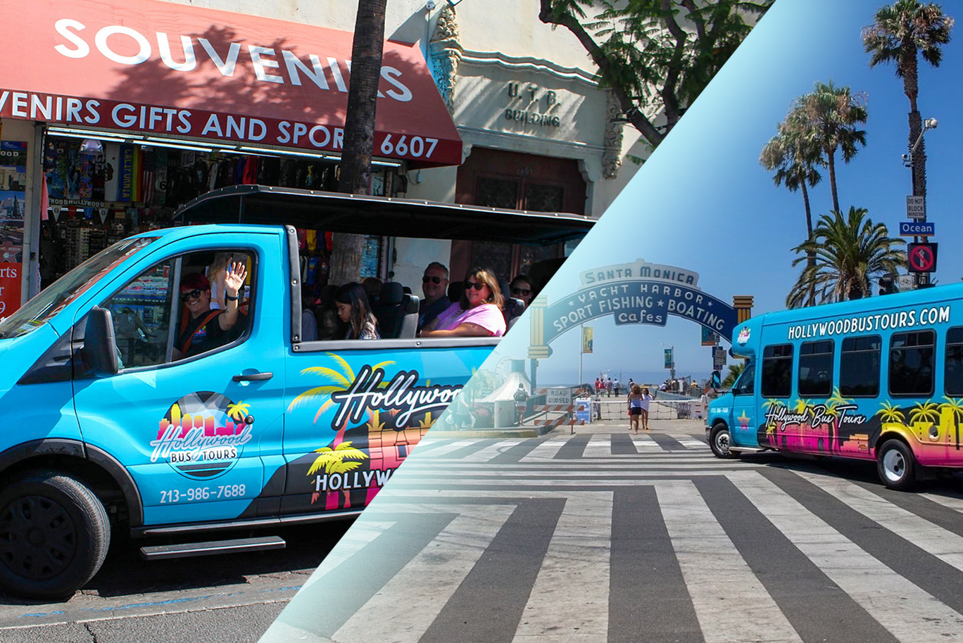 a split screen showing the hollywood bus tours van on hollywood boulevard and the santa monica pier for the perfect day in LA tour