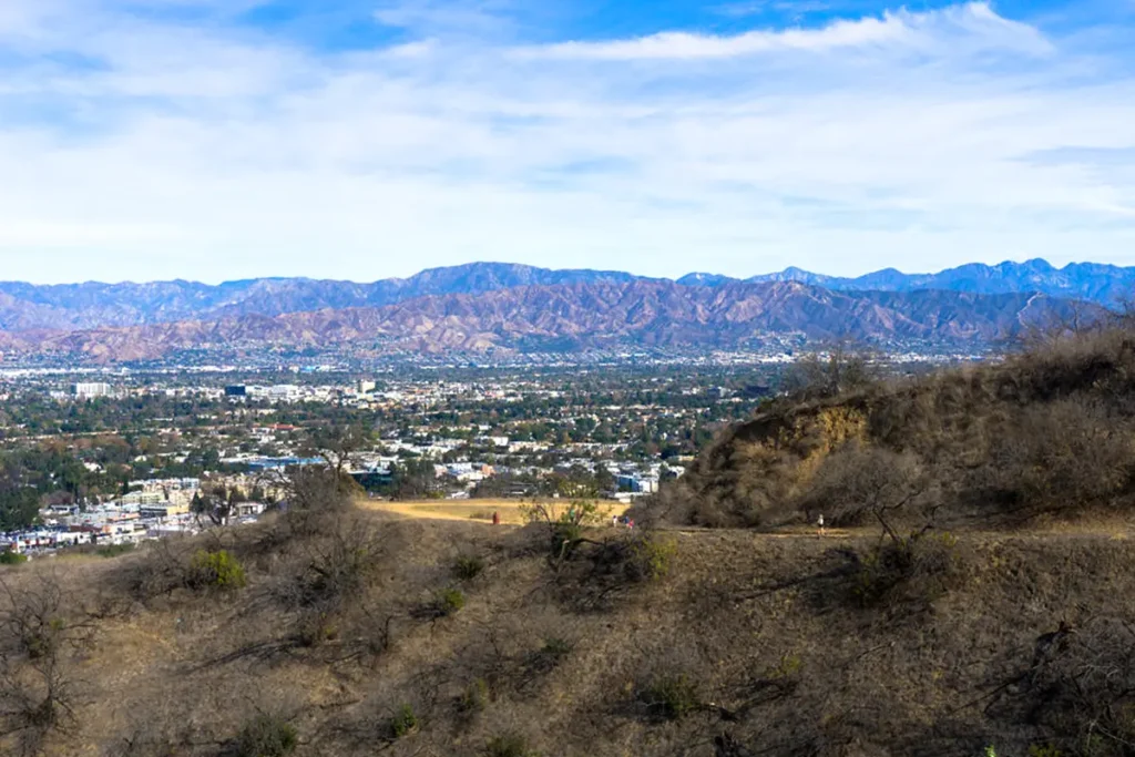 Hiking trail winding through Fryman Canyon with trees and hills in the background