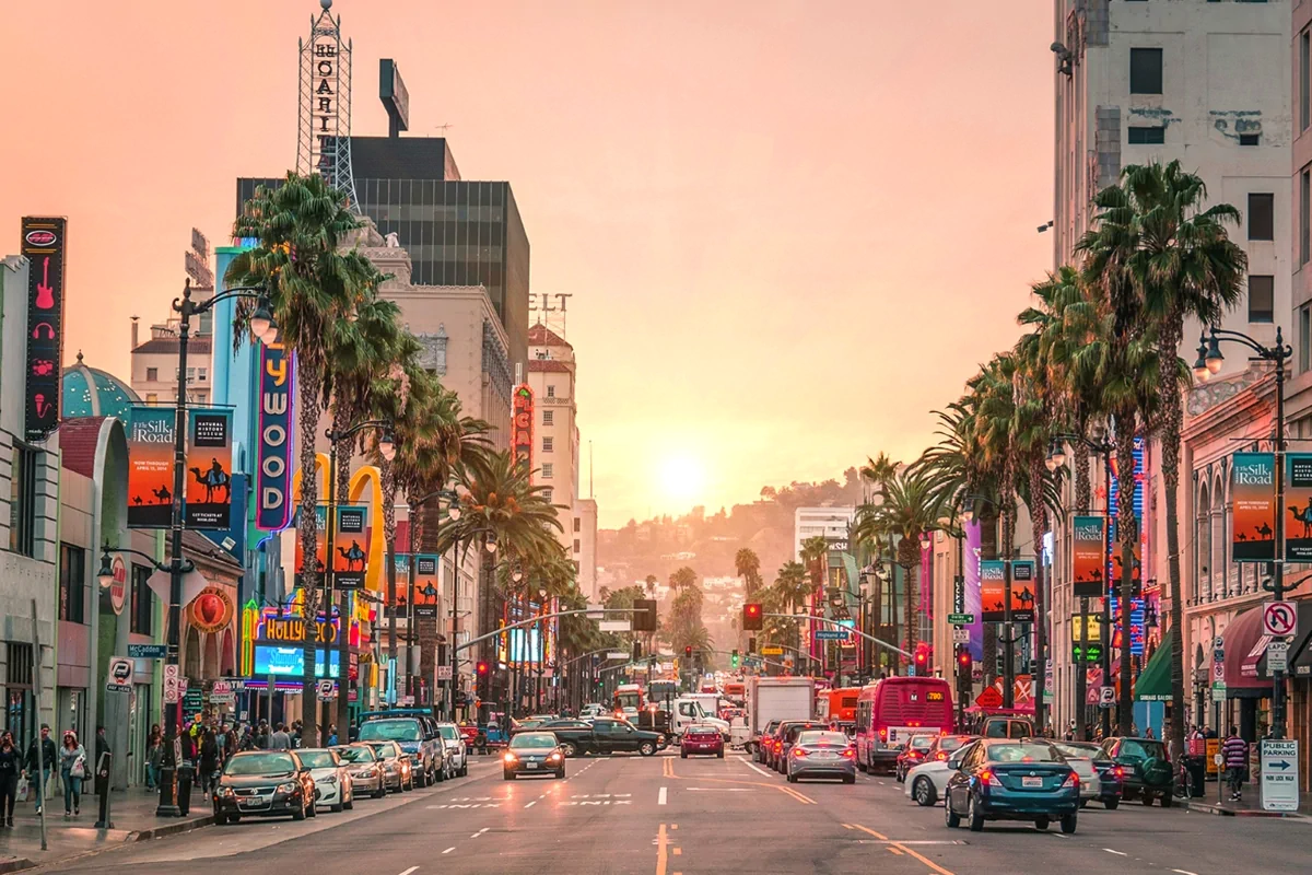 Hollywood Boulevard Walk of Fame with theaters sunset