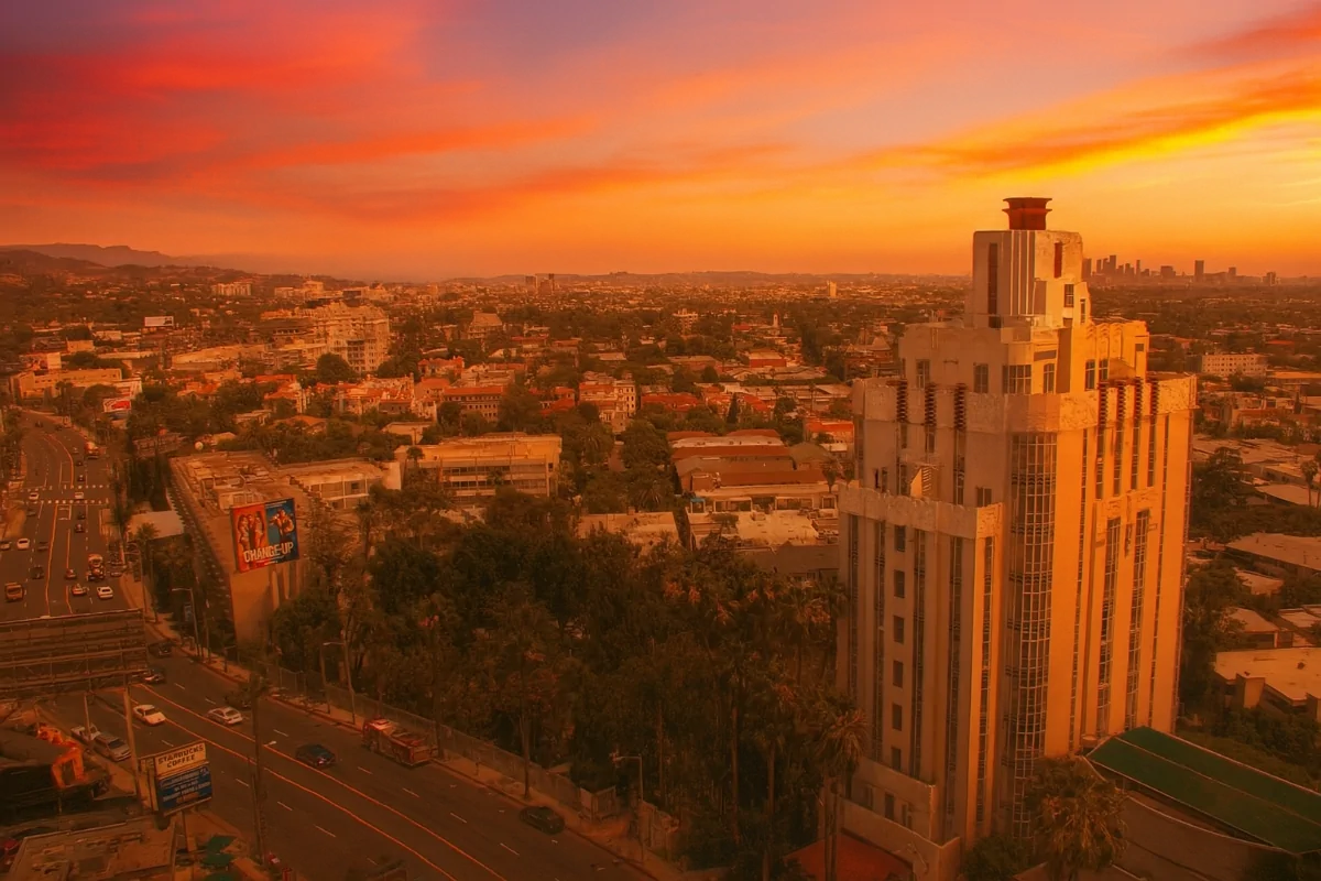 Hollywood Hills aerial view sunset golden hour Los Angeles