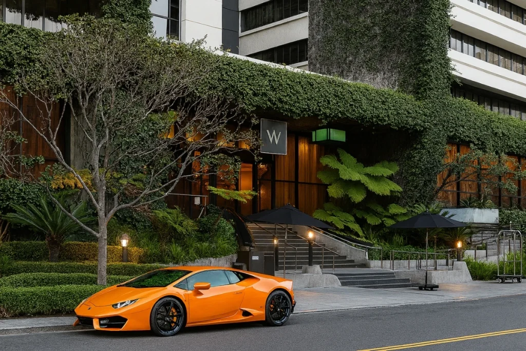 Orange Lamborghini Huracan parked outside upscale W Hollywood hotel entrance with modern architecture and lush landscaping