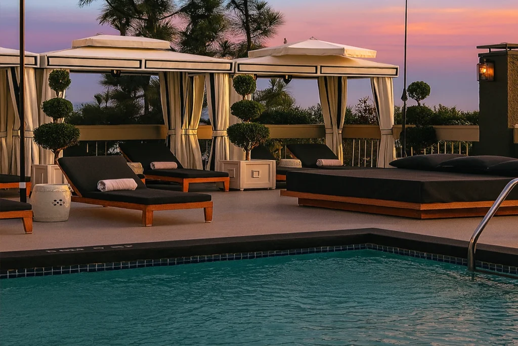 Upscale hotel rooftop pool area with private cabanas, lounge chairs, and purple sunset sky in Hollywood