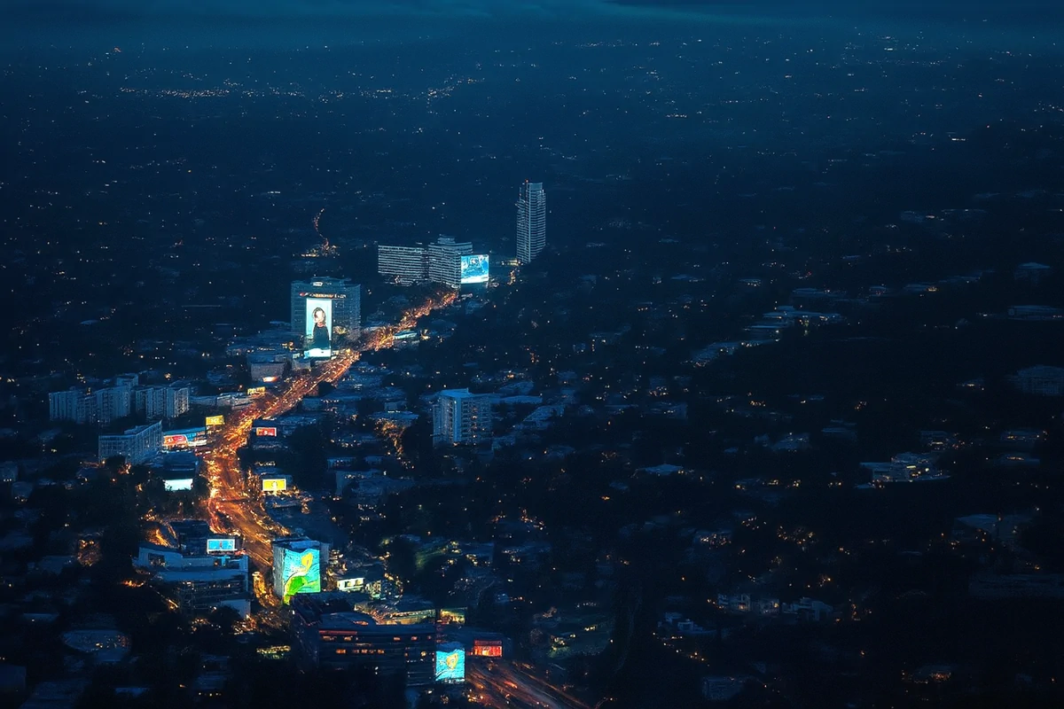 Sunset Strip aerial night view with billboards Hollywood