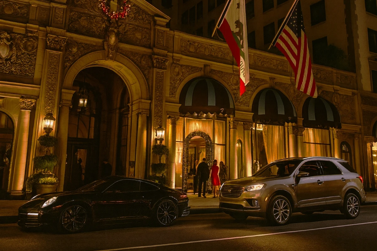 Grand historic hotel entrance with ornate architecture at night