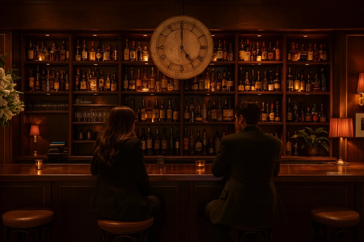 Sophisticated bar interior with extensive whiskey collection