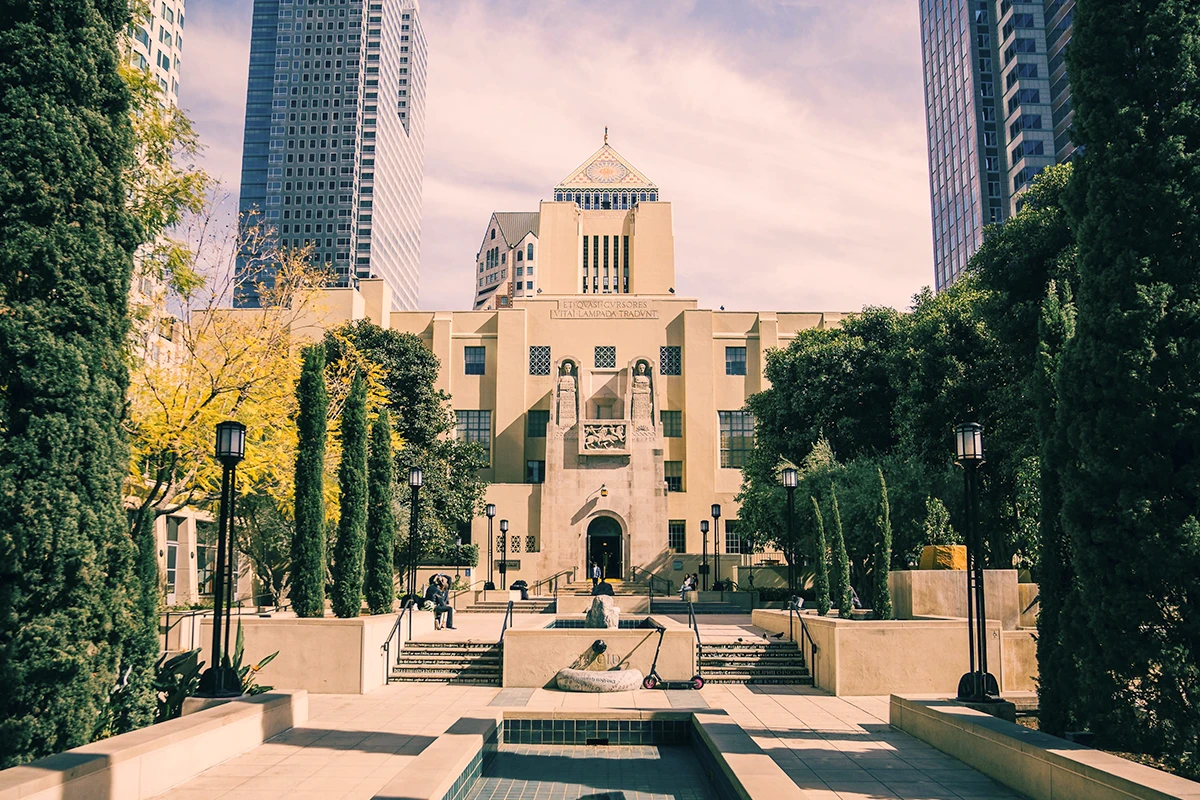 Los Angeles Central Library building exterior downtown cityscape