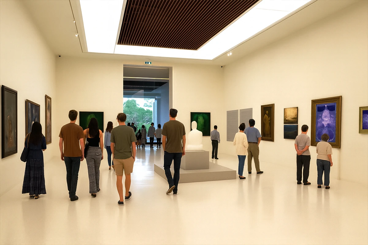Museum visitors viewing contemporary art in modern gallery space