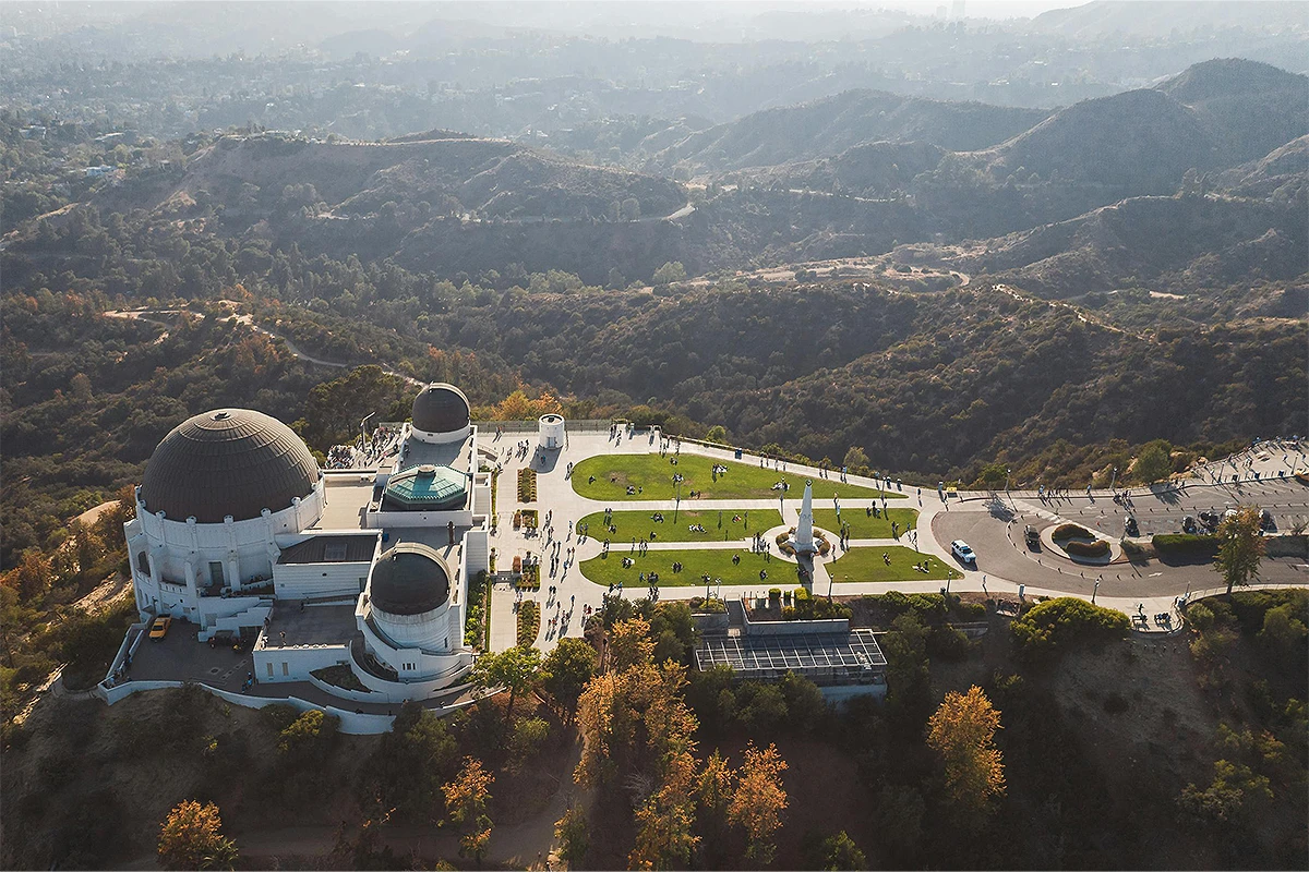 Aerial view of Griffith Observatory with Hollywood Hills landscape