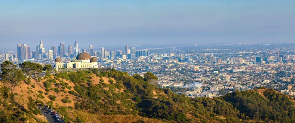 Griffith Observatory overlooking downtown Los Angeles skyline panorama