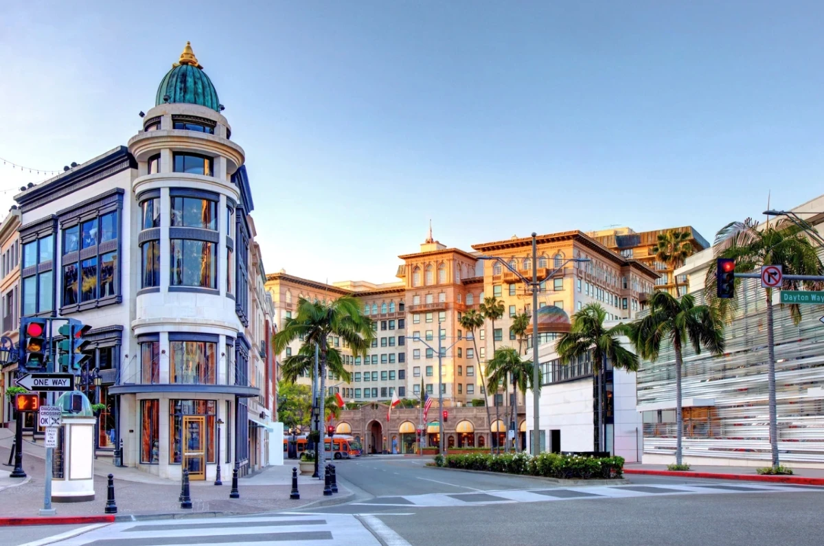 Historic downtown street with Mediterranean architecture palm trees