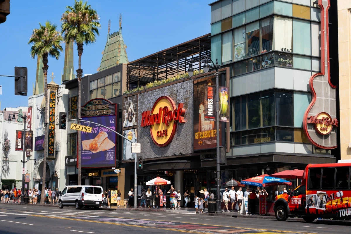 Hollywood Boulevard attractions with Hard Rock Cafe and tourist crowds