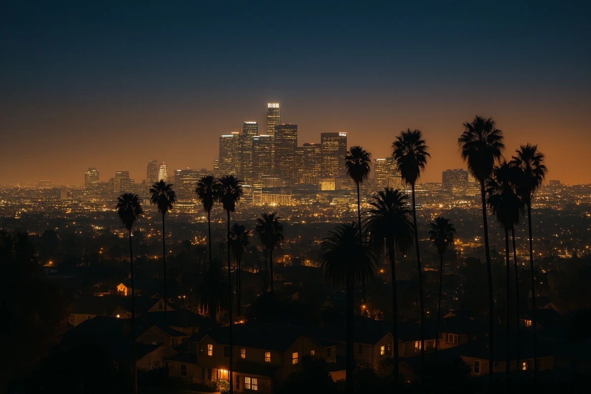 Los Angeles skyline at sunset with palm trees in foreground view