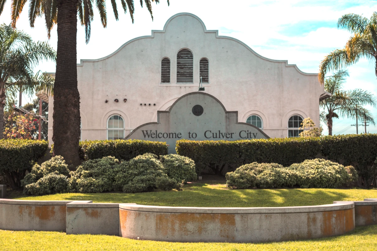 Historic Culver City welcome sign on Spanish Revival style building