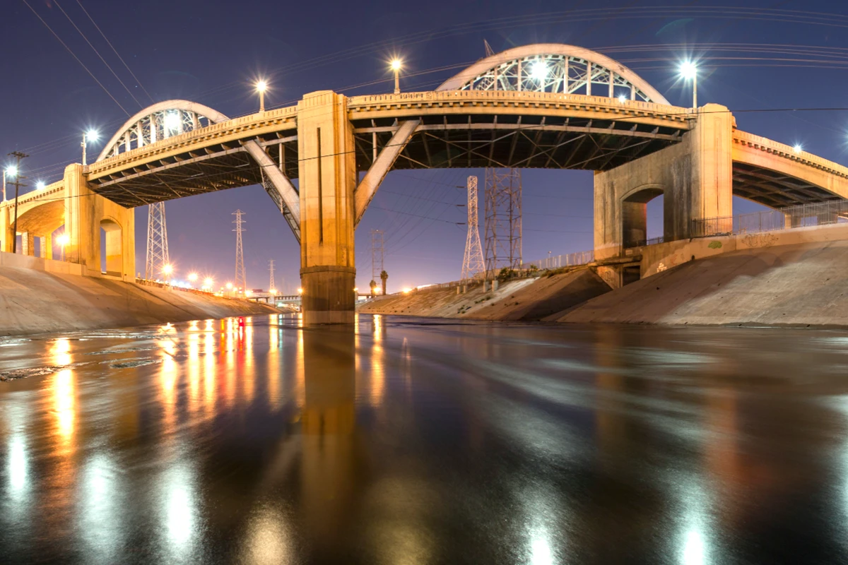 LA River bridge Hollywood filming locations night