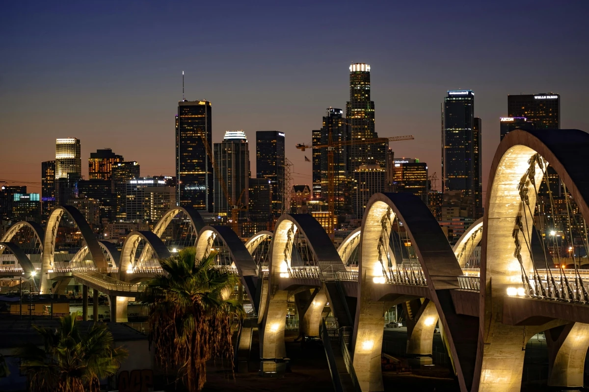 LA skyline night architectural bridge