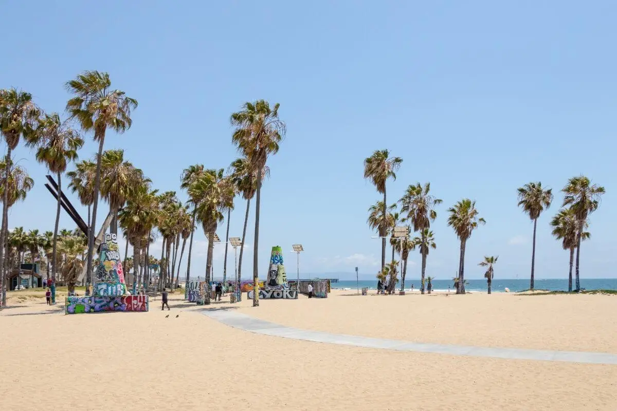 Sunny day at Venice Beach in Los Angeles with tall palm trees, colorful graffiti art structures, and people walking along the sandy beach near the ocean.