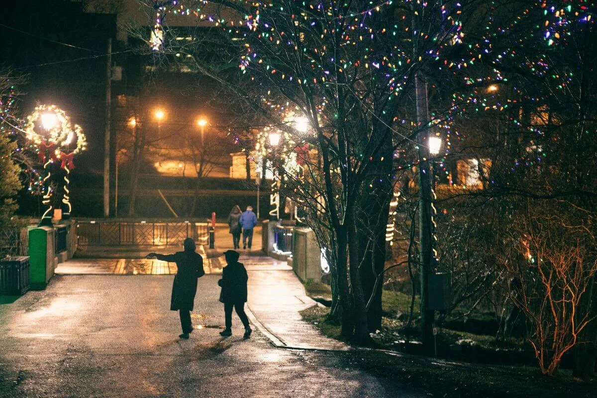Nighttime scene of two people walking toward a small bridge in a park, surrounded by trees and lampposts decorated with colorful Christmas lights, with a few more pedestrians in the distance.