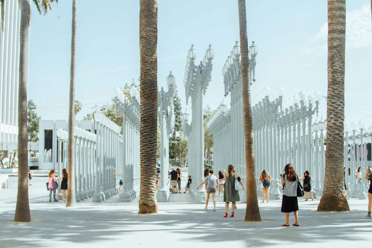 People walk and take photos among rows of tall white vintage street lamps and palm trees at an outdoor art installation on a sunny day.