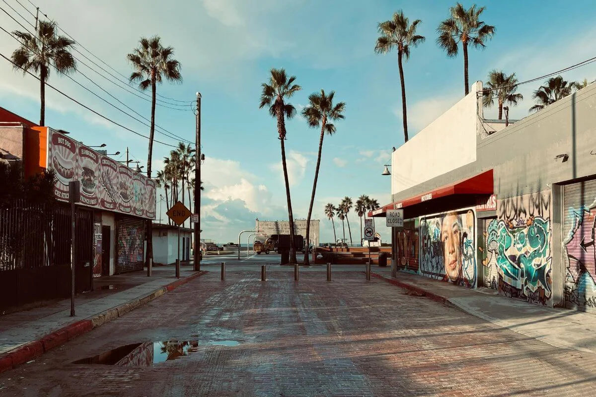 A quiet brick street lined with buildings covered in colorful graffiti leads toward tall palm trees and the ocean, with signs reading “Road Closed” and “End” under a blue sky.