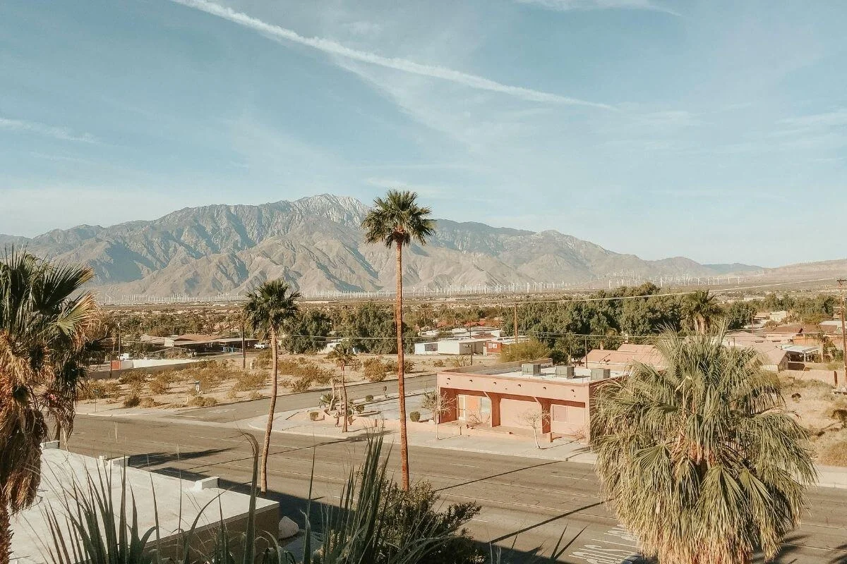 View of Palm Springs with palm trees, desert homes, and mountain backdrop under a clear blue sky