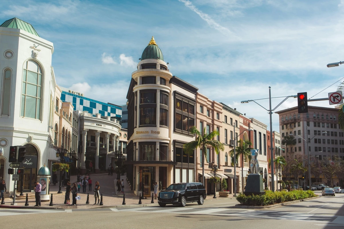 Beverly Hills Rodeo Drive area with palm trees and luxury stores