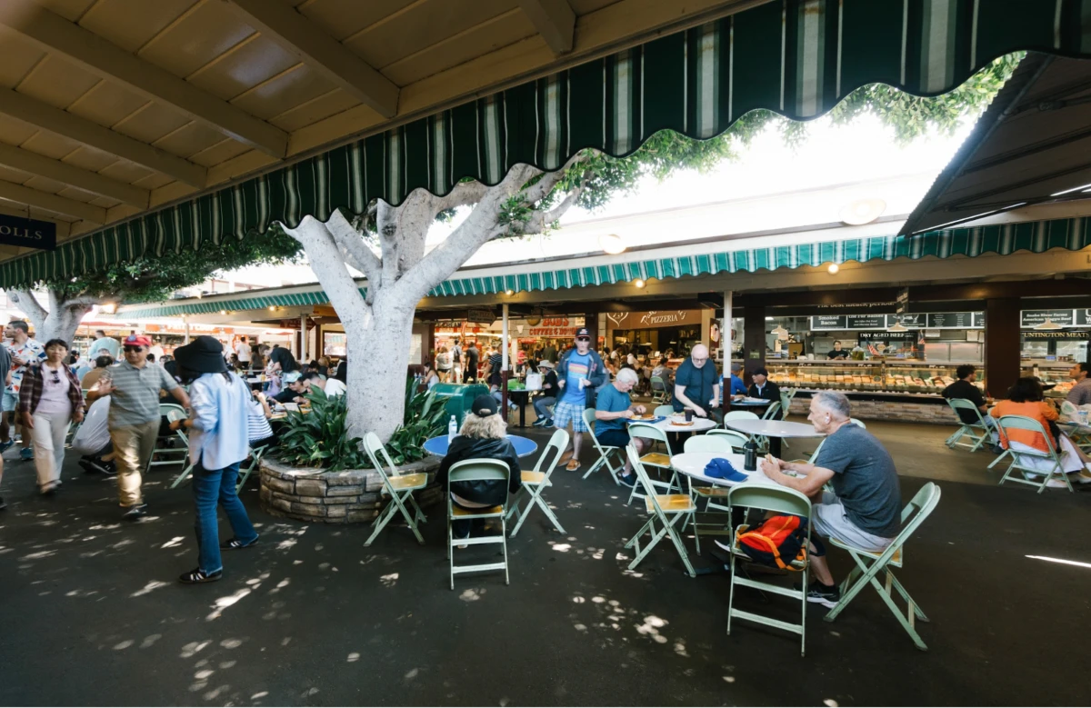 Historic Los Angeles Farmers Market with outdoor dining and shoppers