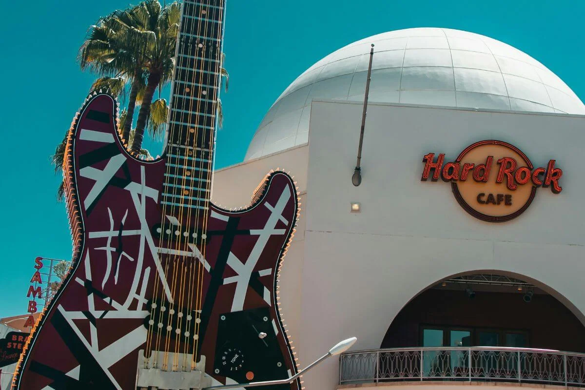 Giant electric guitar outside Hard Rock Cafe at Universal CityWalk Hollywood under a clear blue sky