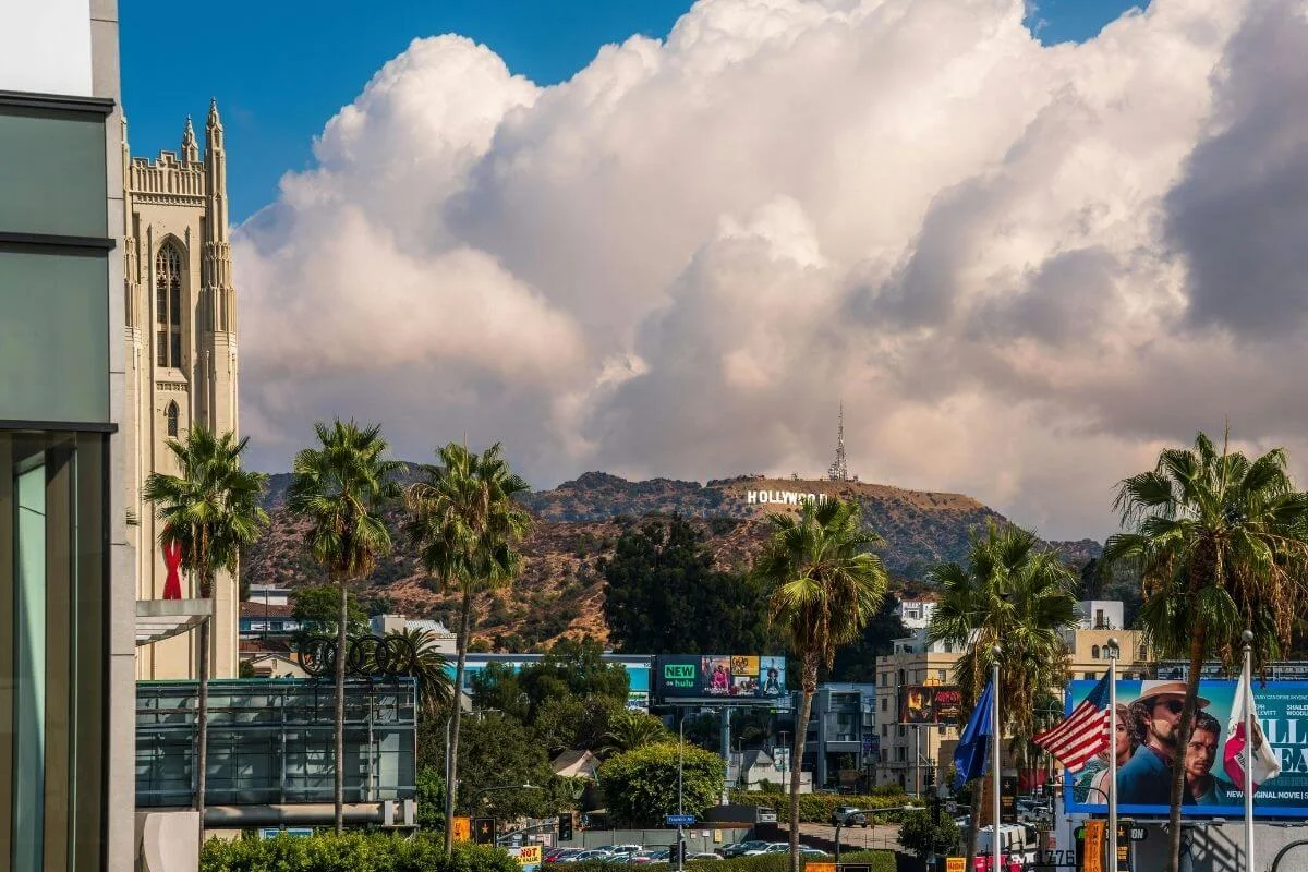 View of the Hollywood Sign on the hills above Los Angeles, seen from Ovation Hollywood with palm trees and city buildings in the foreground