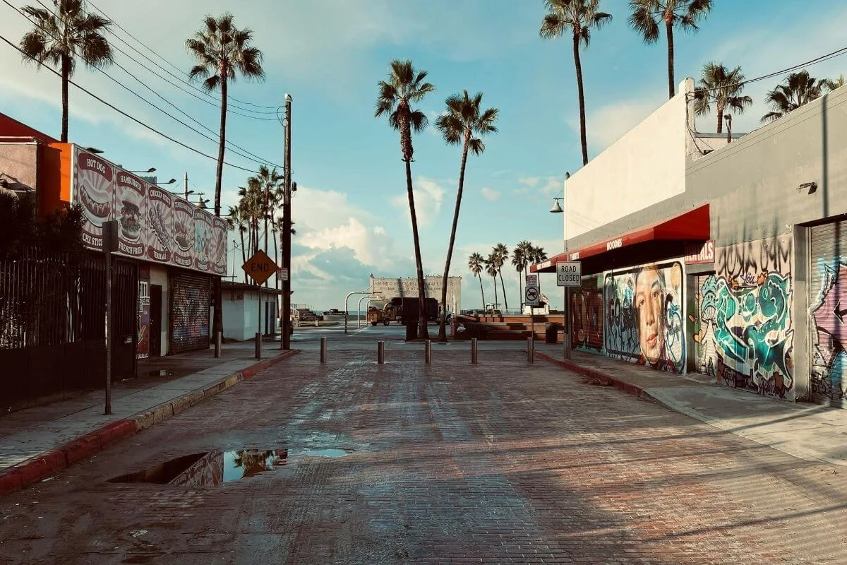 A quiet brick-paved pedestrian street in Venice Beach leading toward the ocean, bordered by closed storefronts with colorful graffiti murals on the right and food vendor signage on the left, with tall palm trees framing the path and puddles reflecting the moody sky.
