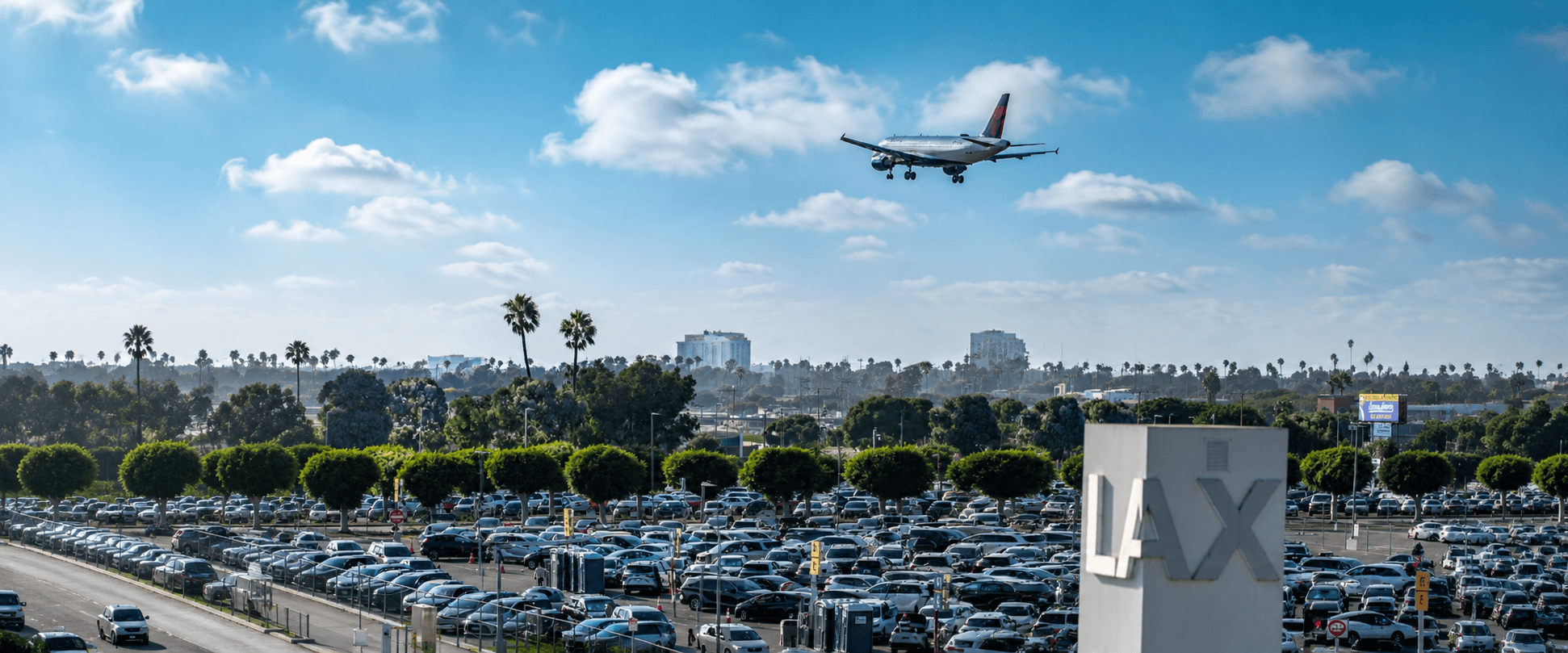 A commercial aircraft on final approach descends over a packed LAX parking lot under a partly cloudy blue sky, with the large white LAX monument sign visible in the lower right, palm trees lining the horizon, and rows of parked cars filling the foreground.