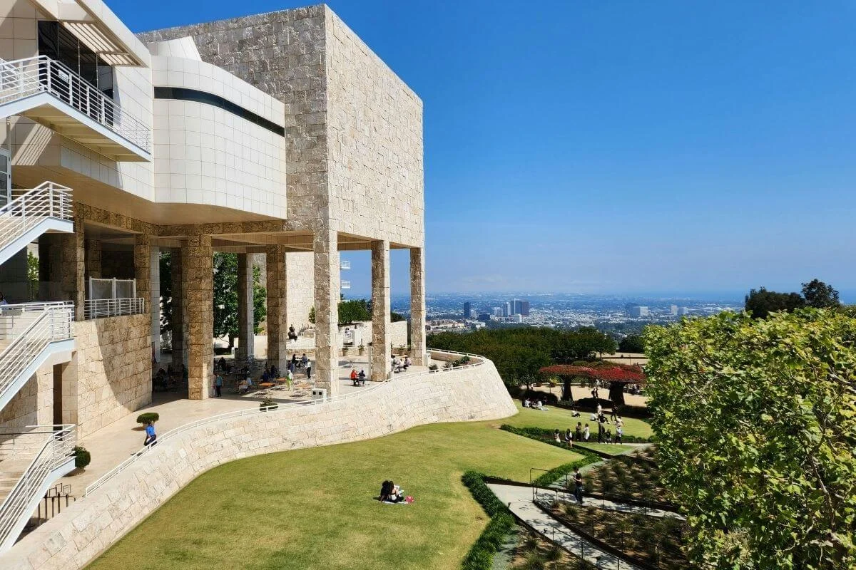 Getty Center stone terrace overlooking Los Angeles skyline