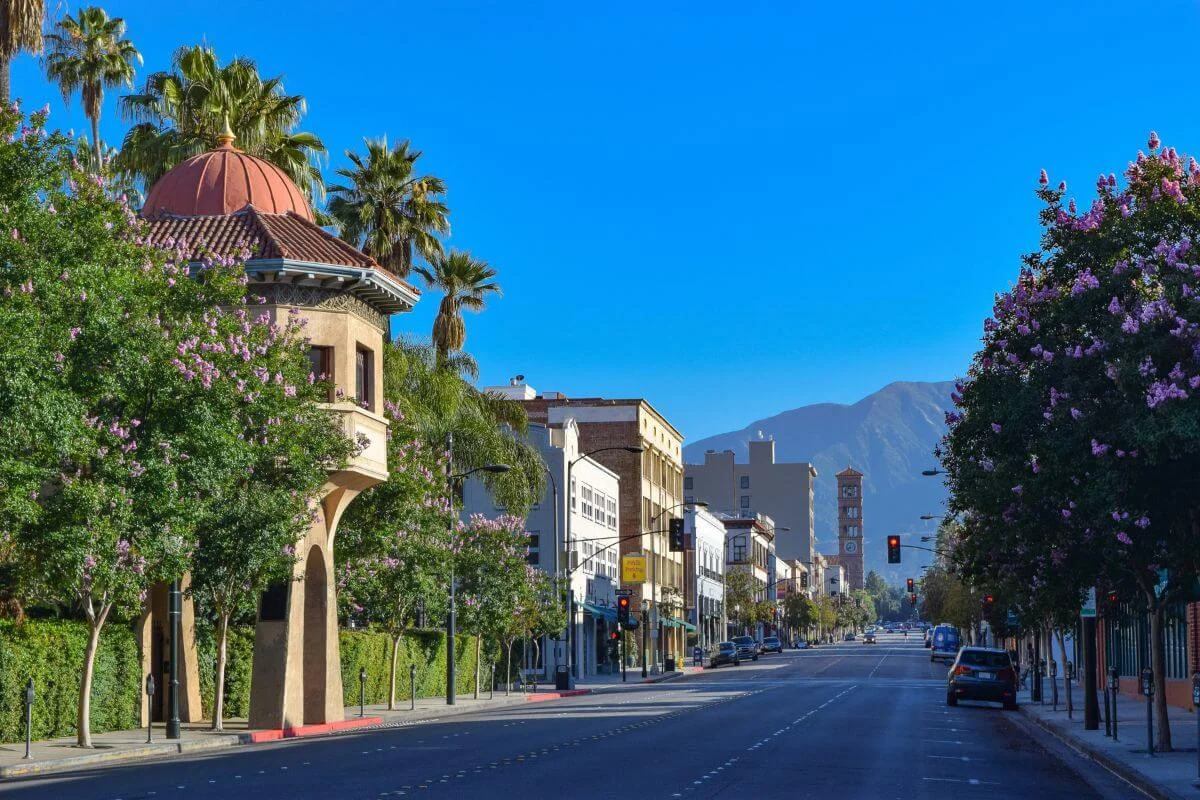 Tree-lined boulevard with Spanish-style tower, blooming trees, and San Gabriel Mountains in the background