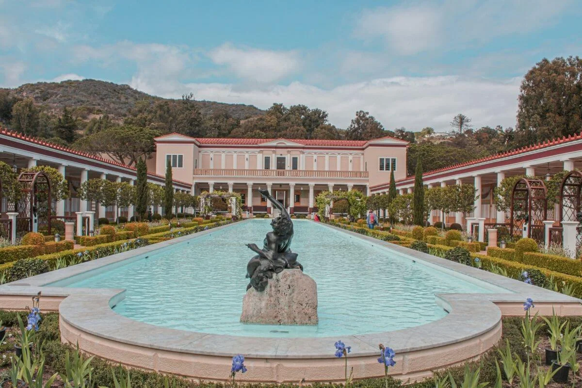 Getty Villa courtyard with fountain and Roman-style architecture