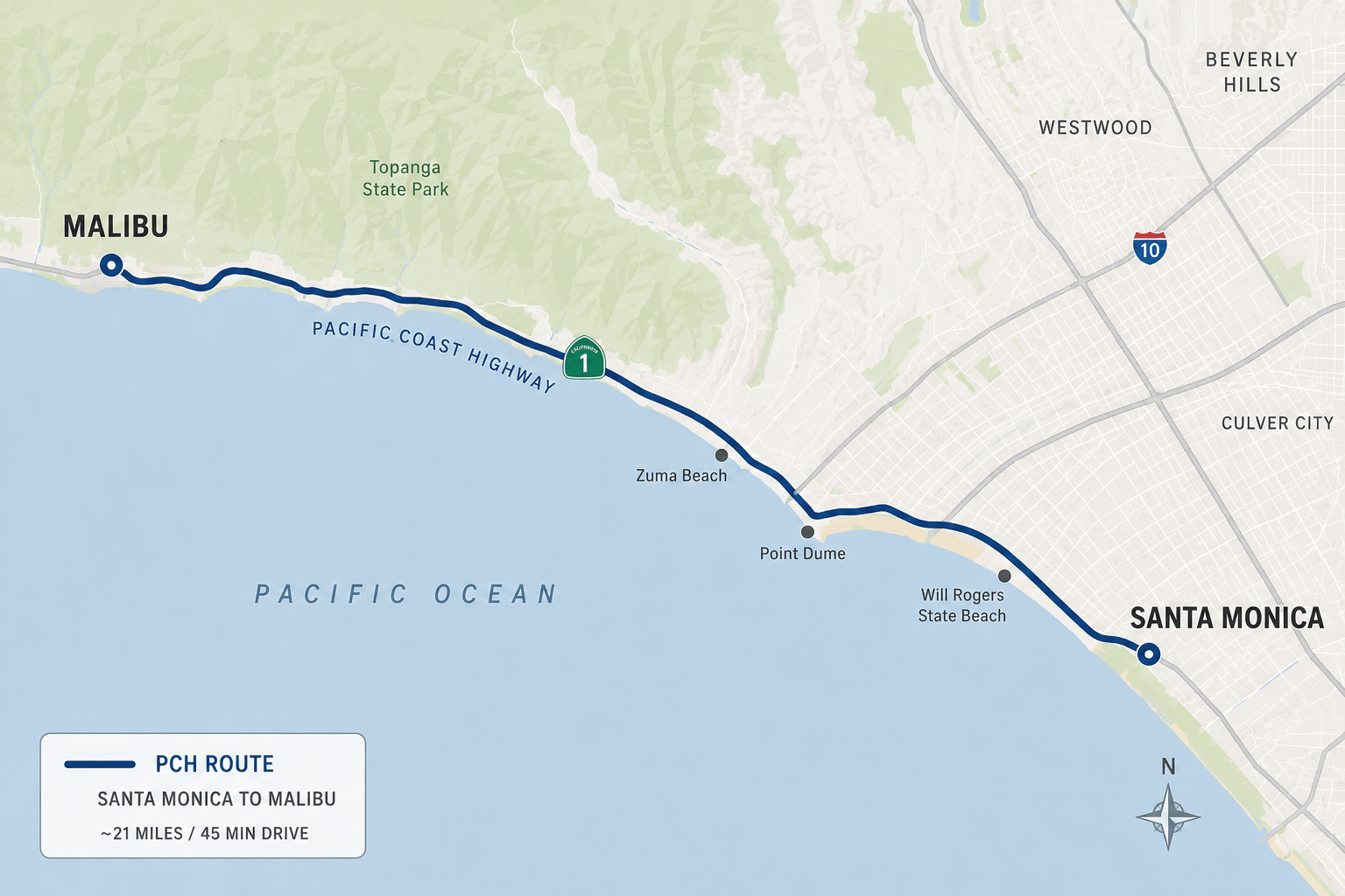 Map of the Pacific Coast Highway route from Santa Monica to Malibu for a day trip from Los Angeles