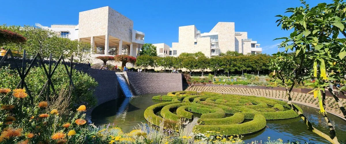 Getty Center central garden with spiral hedges and museum buildings