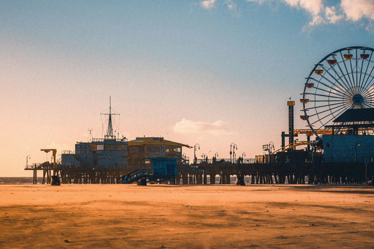 Santa Monica Pier and Ferris wheel at golden hour