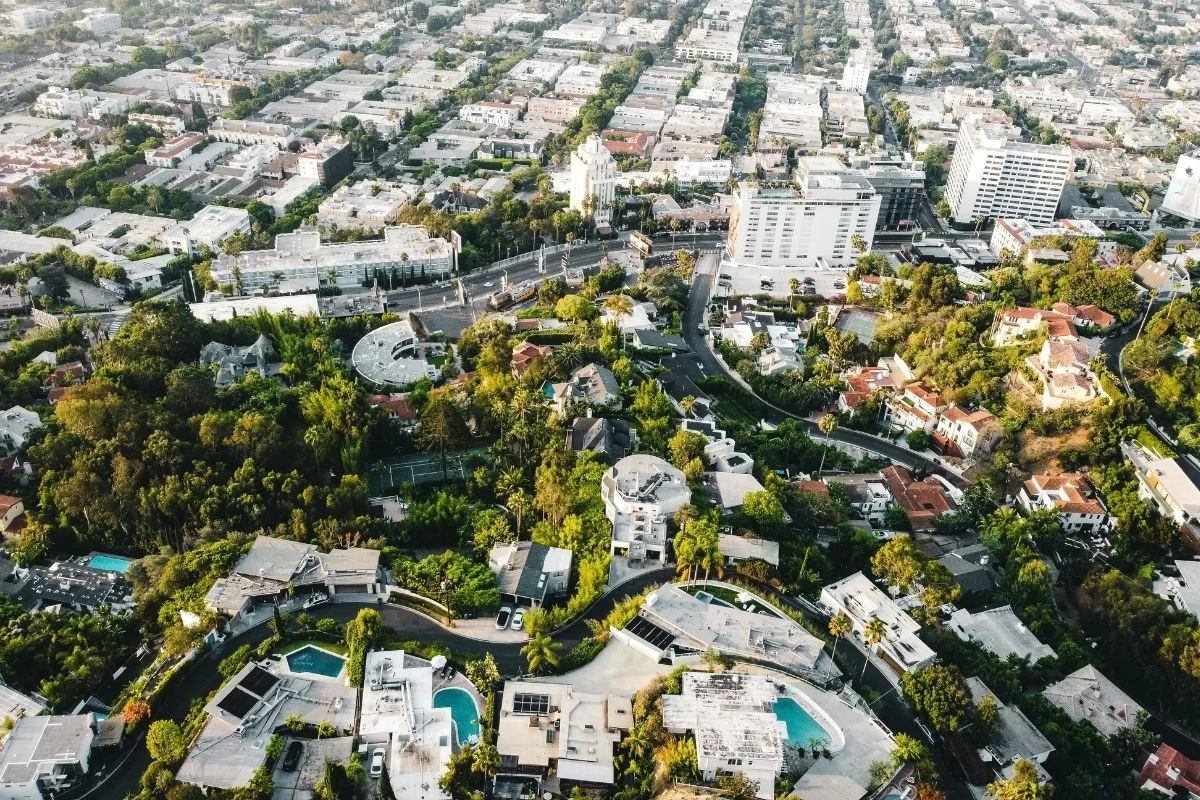 Aerial view of West Hollywood homes and tree lined streets
