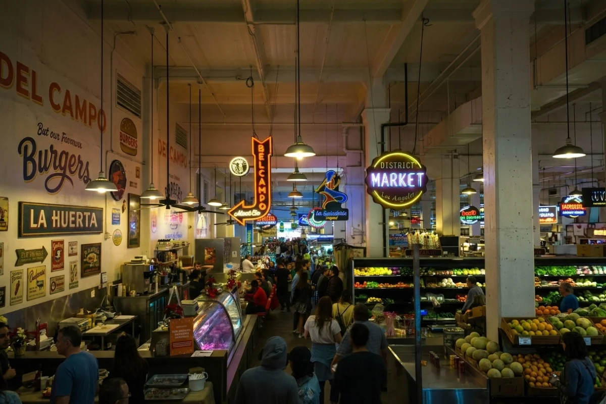 Inside Grand Central Market in Los Angeles with neon signs, food vendors, and shoppers browsing produce