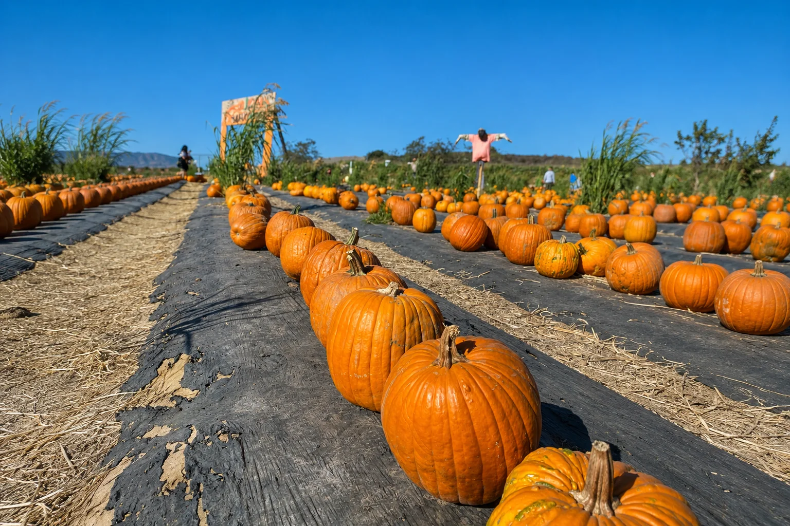 Rows of pumpkins with scarecrow at LA pumpkin patch