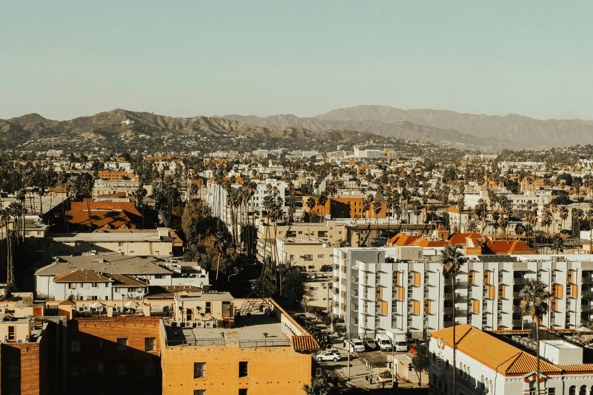 High-angle rooftop view overlooking residential buildings, palm trees, and mid-rise architecture across Koreatown, set against the backdrop of the Hollywood Hills.