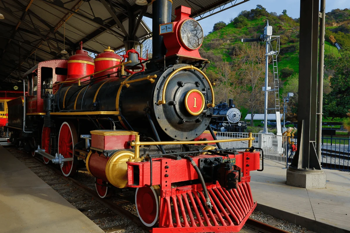Historic steam locomotive on display at Travel Town Museum in Griffith Park