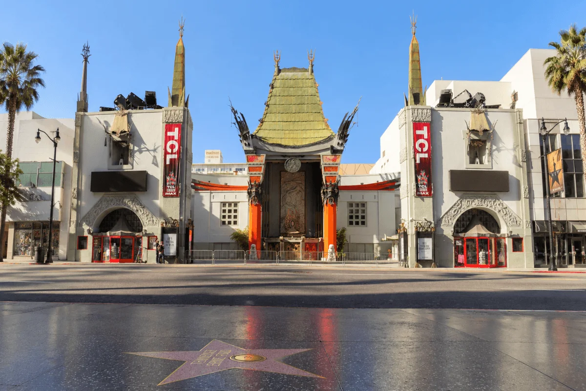 Front entrance of the historic TCL Chinese Theatre with a terrazzo star embedded in the sidewalk in the foreground.