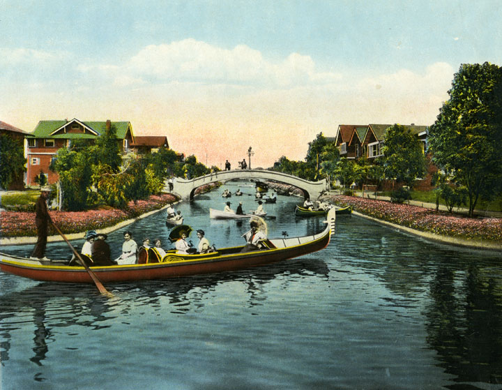 A gondola on the original Venice of America canals in the early 1900s